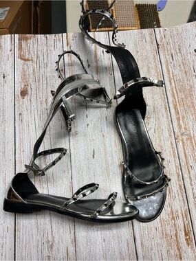 Studded Metallic Strappy Flat Sandals - Silver